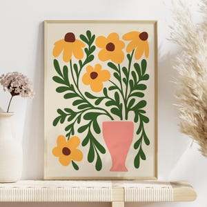 Abstrakte Sonnenblume Kunst Druck, Ungerahmt A4/A3/A2/A1/8x10/12x18/24x36, Gelb, Rosa und Grün botanisches Wanddekor, Wohnzimmer / Schlafzimmer