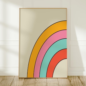 Stampa artistica con illustrazione di un arcobaleno: decorazione murale colorata per bambini e case.
