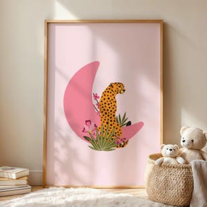 Impression d'art léopard rose, décoration murale animal pastel, affiche de la jungle mignonne, impression d'art céleste, décoration de chambre d'enfant guépard, A4-A1, sans cadre A4-A1, 5 x 7-24 x 36