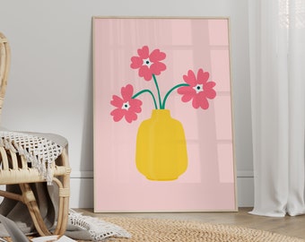 Colourful Flower Abstract Art Print, Unframed 4x6/5x7/8x10/A6/A5/A4/A3/A2/A1, Pink And Yellow Botanical Bathroom/Bedroom/Kitchen Wall Art