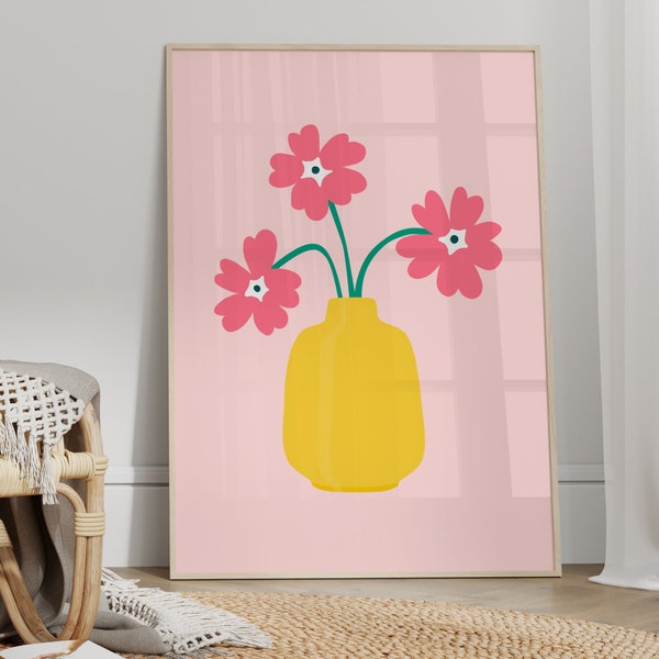 Colourful Flower Abstract Art Print, Unframed 4x6/5x7/8x10/A6/A5/A4/A3/A2/A1, Pink And Yellow Botanical Bathroom/Bedroom/Kitchen Wall Art