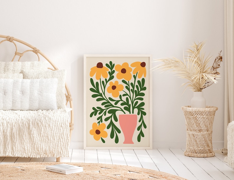 Abstract Sunflower Wall Art Print, Unframed 4x6/5x7/8x10/A6/A5/A4/A3/A2/A1, Yellow, Pink And Green Botanical Wall Decor, Living Room/Bedroom image 1