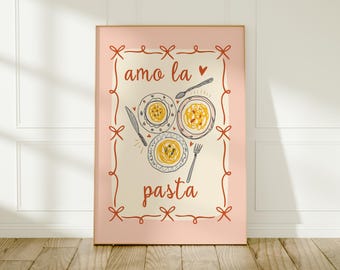 Amo la Pasta Print: Pink Italian Food Art, Kitchen Wall Decor