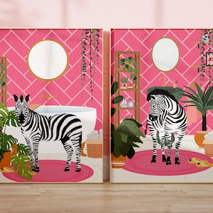 Juego de 2 láminas artísticas de cebra: decoración de baño maximalista tropical rosa