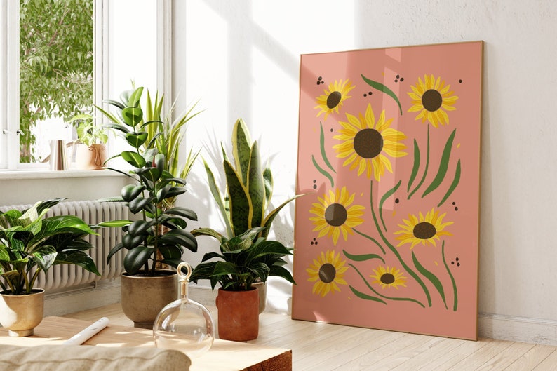 Sunflower Print Pink Boho Wall Art, Unframed 4x6/5x7/8x10/A6/A5/A4/A3/A2/A1, Colourful Home Decor Botanical Gallery Wall Art Print image 1