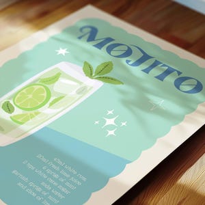 May include: A vintage-style Mojito recipe print. The design features a refreshing cocktail illustration with lime slices and mint leaves. The title "Mojito" is in blue script, with a light blue and cream color scheme. The recipe includes measurements in milliliters.