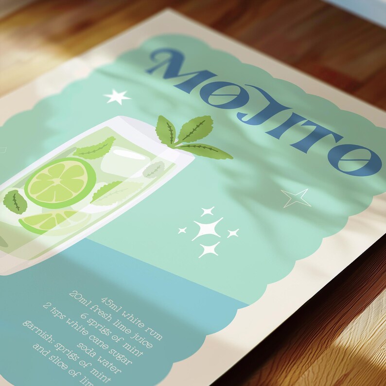 May include: A vintage-style Mojito recipe print. The design features a refreshing cocktail illustration with lime slices and mint leaves. The title "Mojito" is in blue script, with a light blue and cream color scheme. The recipe includes measurements in milliliters.