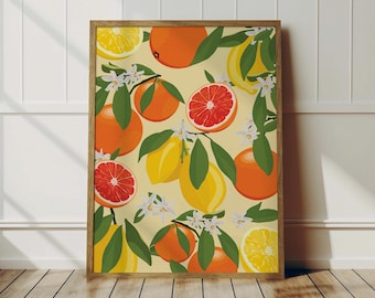 May include: A framed print featuring a vibrant illustration of citrus fruits. The artwork showcases oranges, lemons, and grapefruits with green leaves and white blossoms against a light yellow background. The frame is a natural wood color.