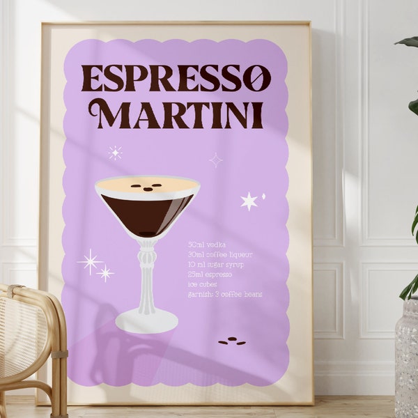 Cocktail Espresso Martini Print, Unframed 4x6/5x7/8x10/A6/A5/A4/A3/A2/A1, Purple Art Print, Drinks Bar Poster, Retro Wall Art, Colourful Art