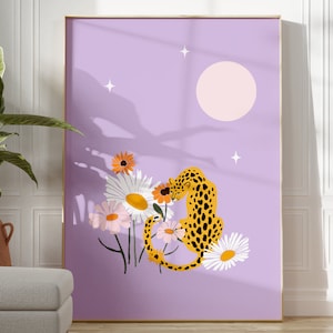 Boho Purple Leopard Print, Unframed 4x6/5x7/8x10/A6/A5/A4/A3/A2/A1, Pastel Colour Animal Print, Lavender Floral Wall Art, Gallery Wall Decor