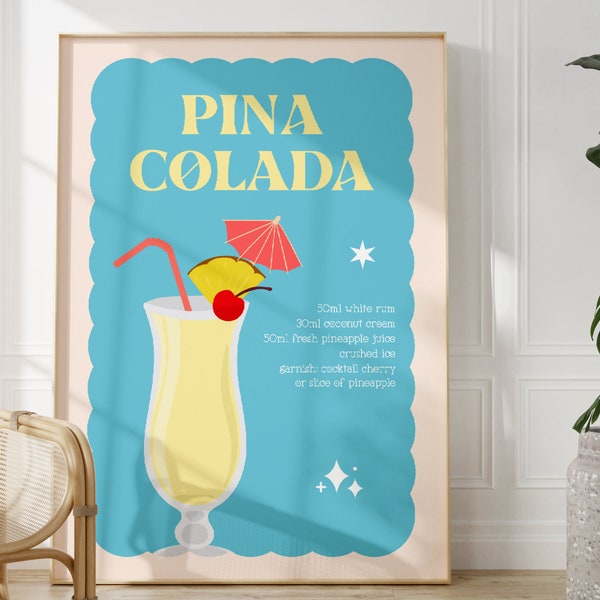 Pina Colada Cocktail Print, Unframed 4x6/5x7/8x10/A6/A5/A4/A3/A2/A1, Retro Bar Cart Print, Blue And Yellow Print, Summer Drinks Wall Art