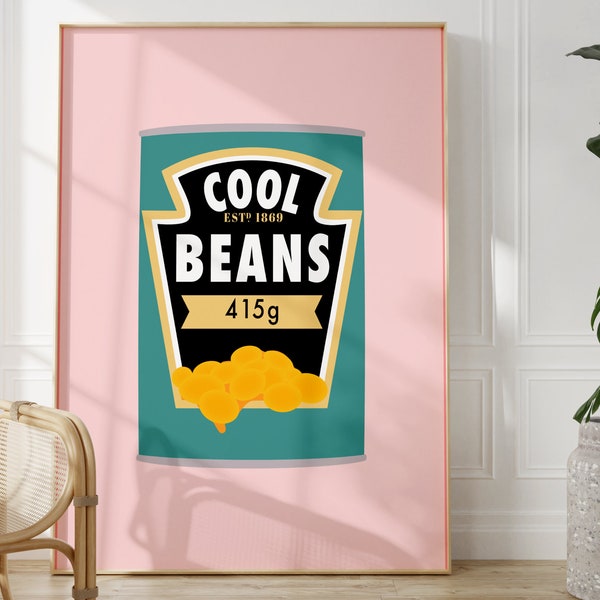 Cool Beans Light Pink Kitchen Print, Unframed 4x6/5x7/8x10/A6/A5/A4/A3/A2/A1, Food Illustration Funny Quote Print, Quirky Home Decor