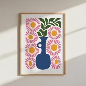 Pink Flower Art Print: Bold Blue Vase Floral Wall Decor