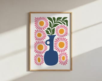 Pink Flower Art Print: Bold Blue Vase Floral Wall Decor