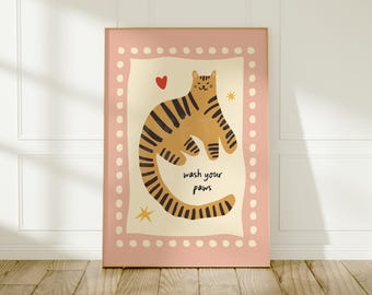 Wash Your Paws Wall Art: Playful Tiger Bathroom Decor