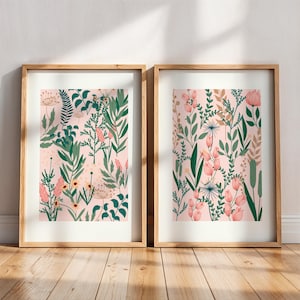 Pink Wildflower Art Prints Set of 2: Cottagecore Gallery Wall Decor