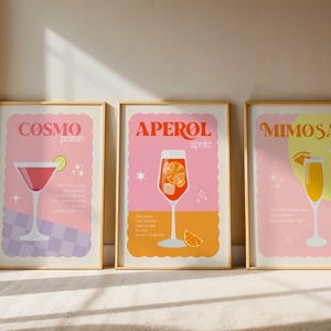 Pinker Cocktail 3er-Set Drucke, Aperol Spritz, Cosmopolitan, Mimosa, bunte Galerie-Wandkunst, lustige Bar-Drucke, ungerahmt A4-A1, 5x7-24x36
