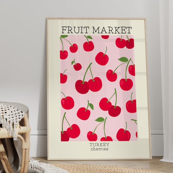 Cherry Print, Fruit Market Print, Unframed 4x6/5x7/8x10/A6/A5/A4/A3/A2/A1, Colourful Art Print, Fruit Wall Decor, Retro Wall Art