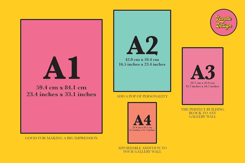Pu&ograve; includere: Una guida alle dimensioni su sfondo giallo con quattro formati di carta rettangolari: A1 (59,4 cm x 84,1 cm), A2 (42,0 cm x 59,4 cm), A3 (29,7 cm x 42,0 cm) e A4 (21,0 cm x 29,7 cm), con il logo Lovette Design in alto a destra.