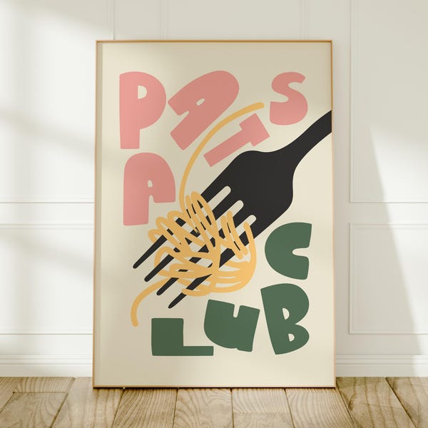 Pasta Club Art Print: Green and Pink Kitchen Wall Decor