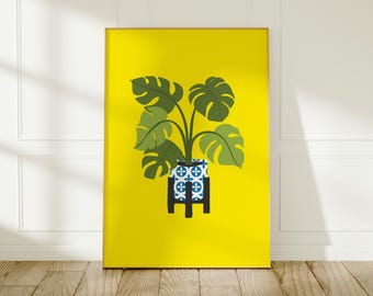 Monstera Plant Art Print: Bold Yellow Botanical Wall Decor