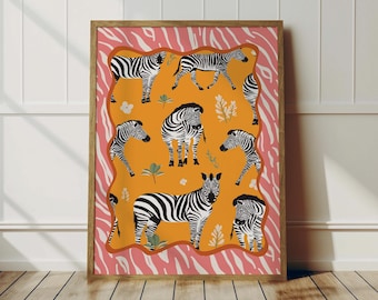 Zebra Art Print: Pink And Yellow Maximalist Animal Decor, Tropical Jungle Art