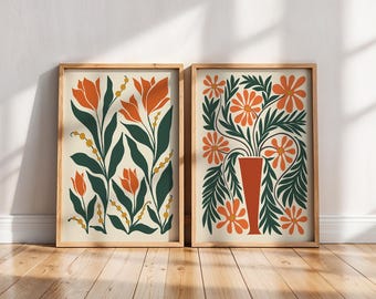 Orange Flower Print Set of 2: Botanical Wall Art