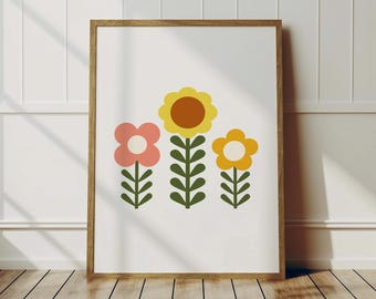 Retro Flower Wall Art: Trio Floral Illustration Print
