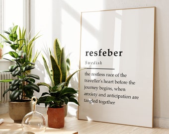 Travel Print, Definition Print, Unframed 4x6/5x7/8x10/A6/A5/A4/A3/A2/A1, Swedish Word Definition, Gift For Travel Lover, Resfeber Quote
