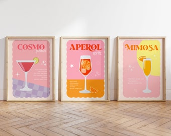 Pink Cocktail Prints Set Of 3, Unframed 4x6/5x7/8x10/A6/A5/A4/A3/A2/A1, Aperol Spritz, Cosmo, Mimosa, Colourful Gallery Wall Art, Bar Print