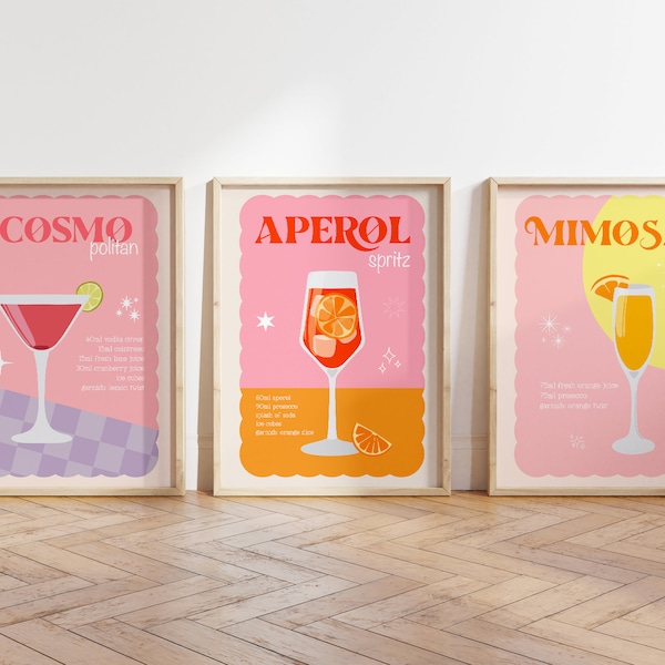 Pink Cocktail Prints Set Of 3, Unframed 4x6/5x7/8x10/A6/A5/A4/A3/A2/A1, Aperol Spritz, Cosmo, Mimosa, Colourful Gallery Wall Art, Bar Print