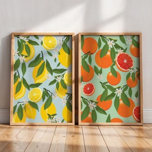 Lemon and Orange Kitchen Print Set Of 2: Citrus Fruit Wall Art