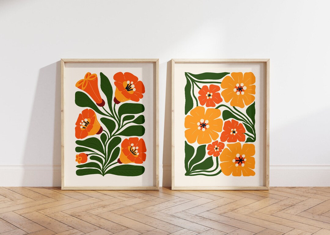 Abstract Floral Print Set of 2: Yellow & Orange Botanical Gallery Wall ...