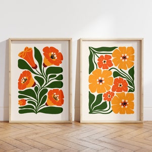 Abstract Flowers Print Set Of 2, Unframed 4x6/5x7/8x10/A6/A5/A4/A3/A2/A1, Yellow And Orange Botanical Gallery Wall Art, Colourful Home Decor
