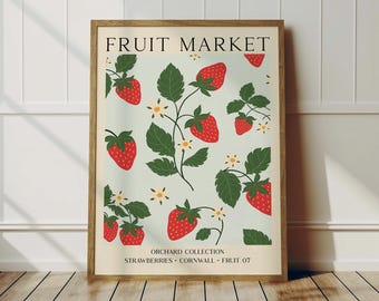 Strawberry Orchard Print: Neutral Fruit Market Wall Art