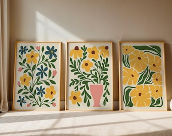 Abstract Yellow Flower Print Set of 3: Botanical Gallery Wall