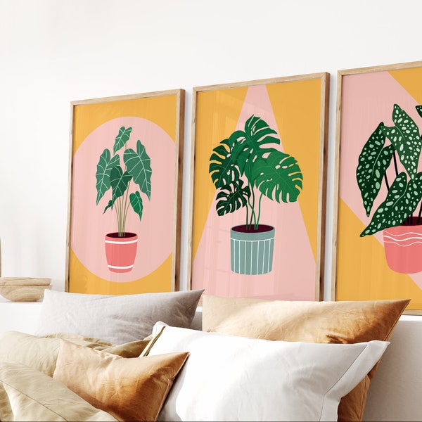 Set Of 3 Prints, Plant Prints, UNRAMED 4x6/5x7/8x10/A6/A5/A4/A3/A2/A1, Pink And Yellow Prints, Gallery Wall, Colourful Home Decor