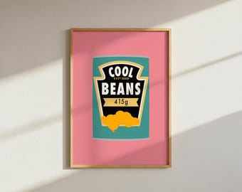 Cool Beans Print: Dunkelrosa Baked Beans Kitchen Art