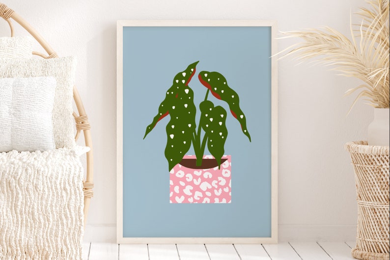 Colourful Plant Print Botanical Art, Unframed 4x6/5x7/8x10/A6/A5/A4/A3/A2/A1, Pink & Blue House Plant Illustration Gallery Wall Home Decor image 1