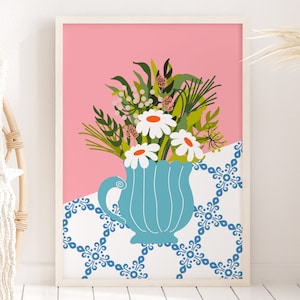 Impresión artística de pared con margaritas rosas, sin marco, tamaño A4-A1, 8x10-24x36, coloridas flores de primavera abstractas bohemias en un jarrón.