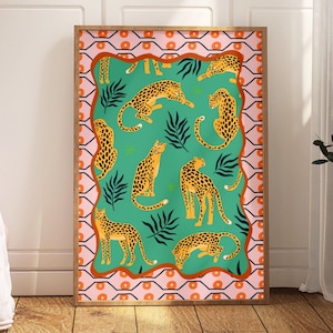Cheetah Print, Maximalist Wall Art, Eclectic Animal Art, Funky Jungle Poster, Colourful Home Decor, Green & Pink, Unframed A4-A1, 5x7-24x36