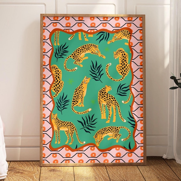 Maximalistischer Cheetah Kunstdruck: Farbenfrohes Jungle Wandbild in 16 Größen erhältlich