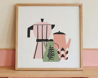Scandi Coffee Pots Print: Minimalist Square Kitchen Art