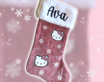 Personalized Kawaii Kitty Velvet Christmas Stocking - Dusty Pink