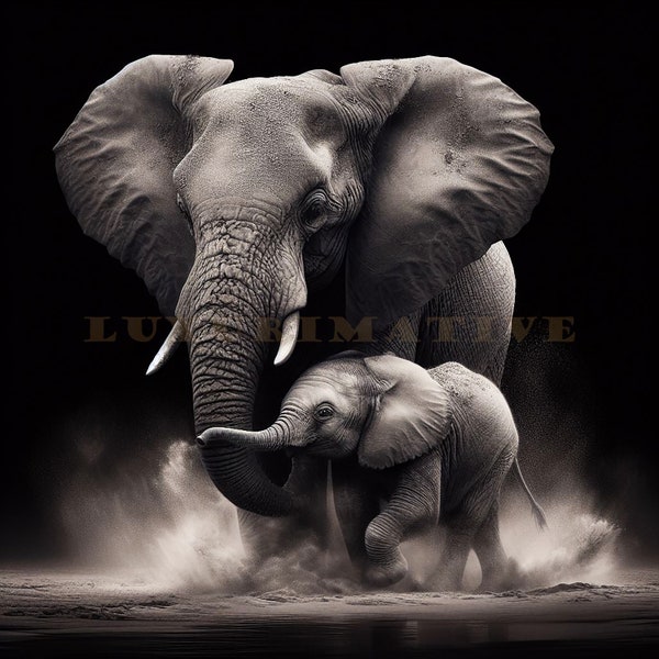 Tender Moments: Elegant Photorealistic Art of a Loving Mom Elephant and Baby– Instant Printable to Grace Your Home with Heartwarming Beauty!