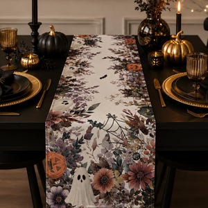 Halloween Table Runner 13x72, Ghost Pumpkin Table Decor, Spooky Floral Table Runner, Fall Dining Decor, Halloween Party Decoration