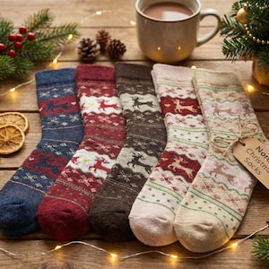Nordic Christmas Socks, Cozy Warm Women's Winter Holiday Socks, Reindeer Print, Scandinavian Knit Pattern Holiday Gift for Her