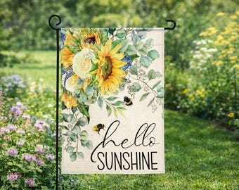 Zonnebloemtuin vlag Hallo zonneschijn, bijentuin vlag, zomer bloementuin decor, jute vlag, lente zomer veranda decor, buitenvlag cadeau