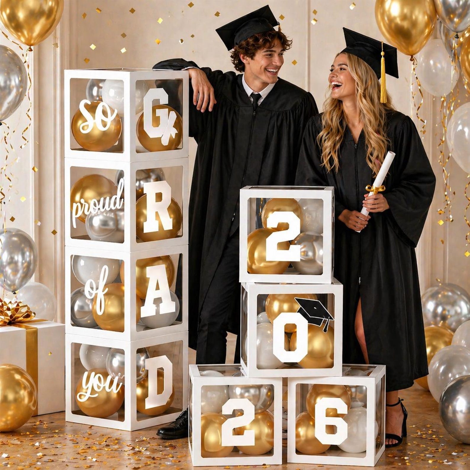 Grad Boxes 2026 Graduation Balloon Box Set, Grad Boxes With Balloons, 4 Clear ...