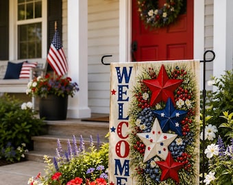 4th of July Garden Flag, Welcome Floral Yard Flag, Red White Blue Outdoor Decor, Double Sided Flag, Porch Garden Decoration, 12in x 18in